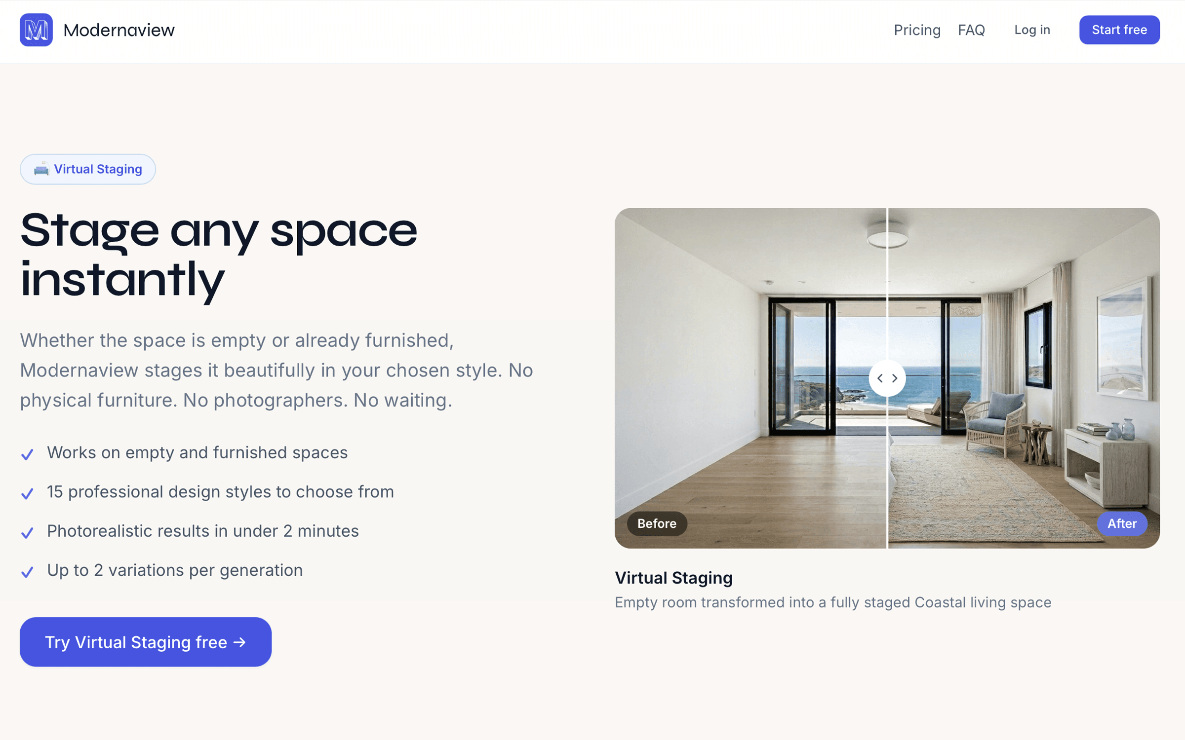 ModernaView web app in a browser window, showing a property photo being processed